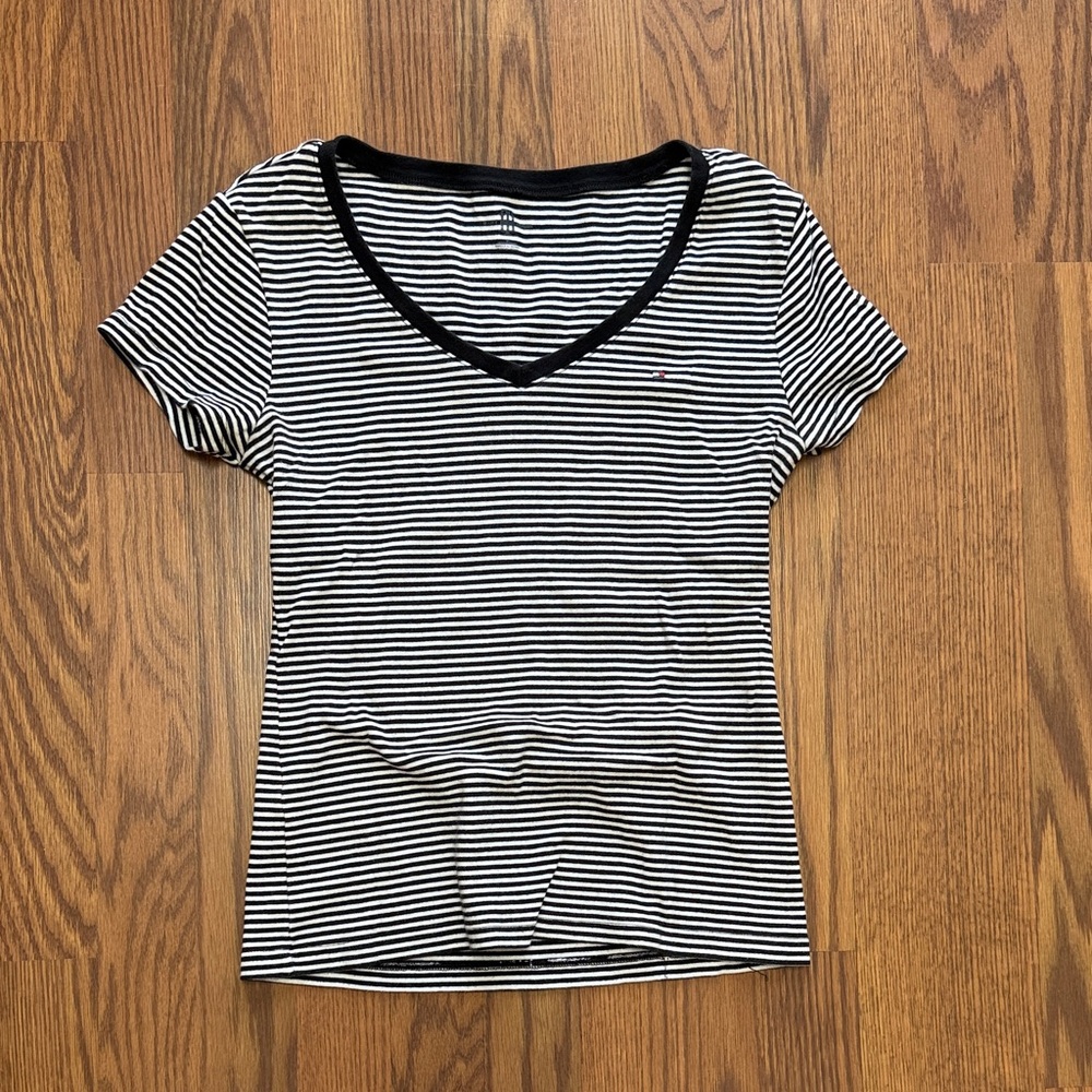 Black and White Striped V-Neck Women's Top
